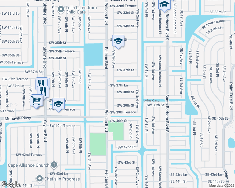 map of restaurants, bars, coffee shops, grocery stores, and more near 242 Southwest 38th Street in Cape Coral