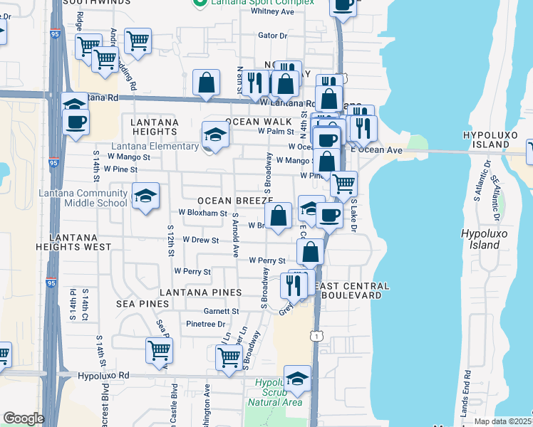 map of restaurants, bars, coffee shops, grocery stores, and more near 507 West Bloxham Street in Lantana