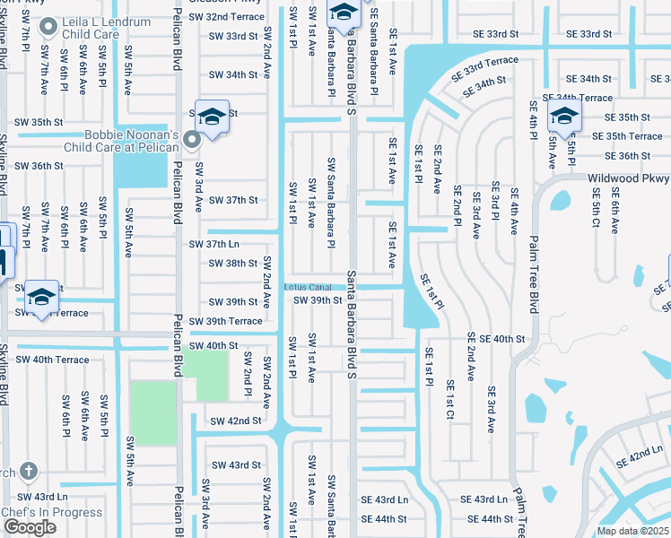 map of restaurants, bars, coffee shops, grocery stores, and more near 3741 Southwest Santa Barbara Place in Cape Coral