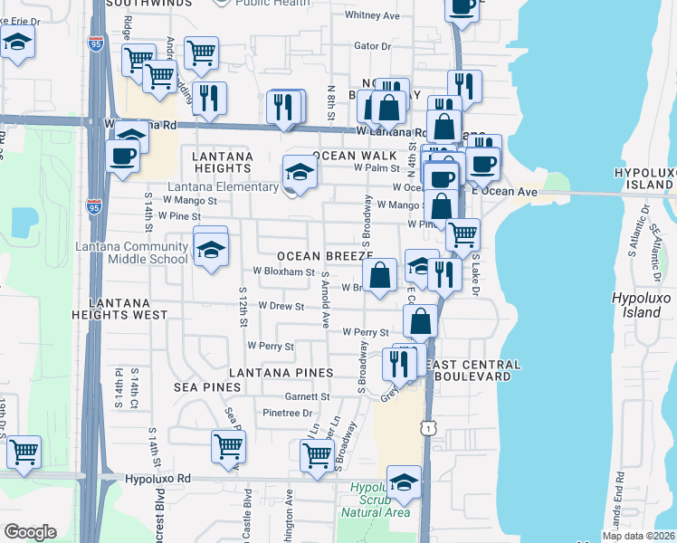 map of restaurants, bars, coffee shops, grocery stores, and more near 707 West Bloxham Street in Lantana