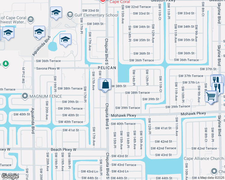 map of restaurants, bars, coffee shops, grocery stores, and more near 3739 Chiquita Boulevard South in Cape Coral