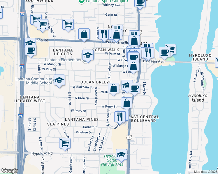 map of restaurants, bars, coffee shops, grocery stores, and more near 507 West Bloxham Street in Lantana