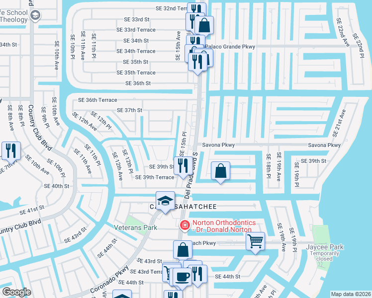 map of restaurants, bars, coffee shops, grocery stores, and more near 3815 Southeast 15th Place in Cape Coral
