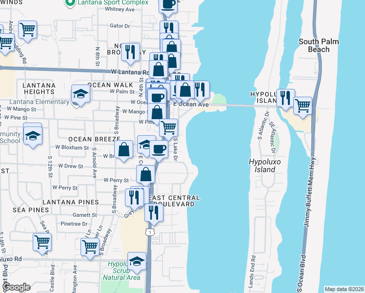 map of restaurants, bars, coffee shops, grocery stores, and more near 418 South Lake Drive in Lantana