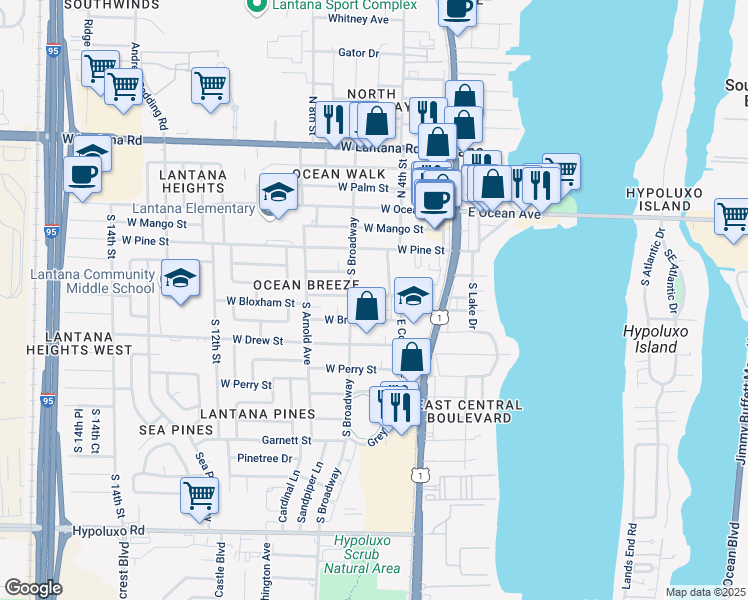 map of restaurants, bars, coffee shops, grocery stores, and more near 341 Pinewood Street in Lantana