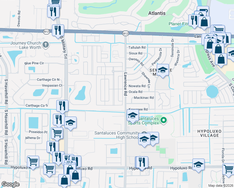 map of restaurants, bars, coffee shops, grocery stores, and more near 6384 Birch Lane in Lake Worth