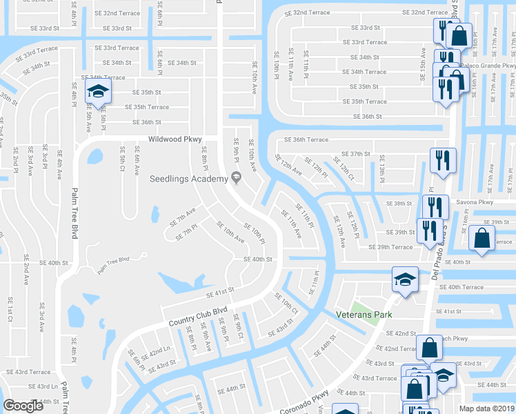 map of restaurants, bars, coffee shops, grocery stores, and more near 1012 Southeast 38th Street in Cape Coral