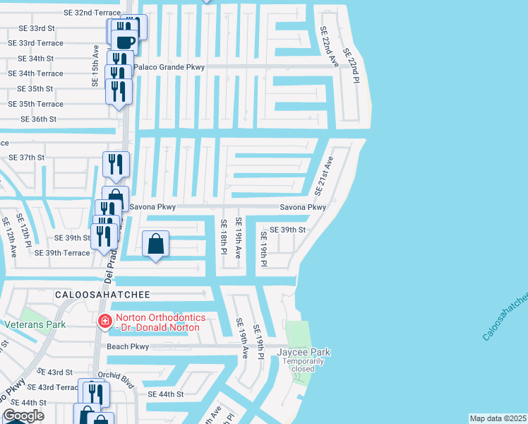 map of restaurants, bars, coffee shops, grocery stores, and more near 1931 Savona Parkway in Cape Coral