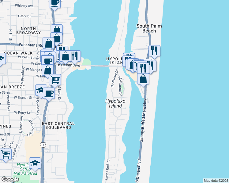 map of restaurants, bars, coffee shops, grocery stores, and more near 409 Southeast Atlantic Drive in Lantana