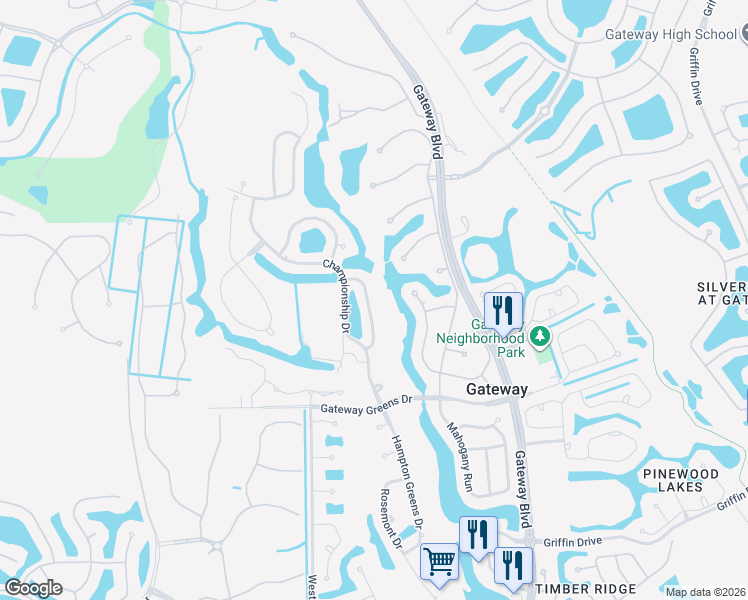 map of restaurants, bars, coffee shops, grocery stores, and more near 12233 Championship Circle in Fort Myers