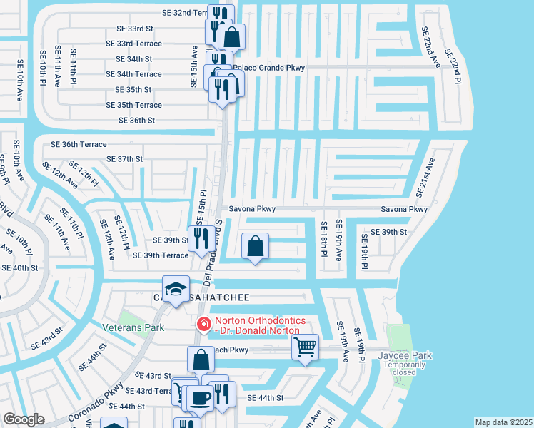 map of restaurants, bars, coffee shops, grocery stores, and more near 1707 Savona Parkway in Cape Coral