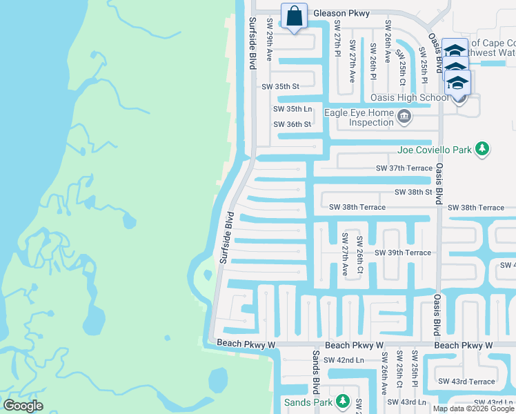 map of restaurants, bars, coffee shops, grocery stores, and more near 2904 Southwest 38th Street in Cape Coral