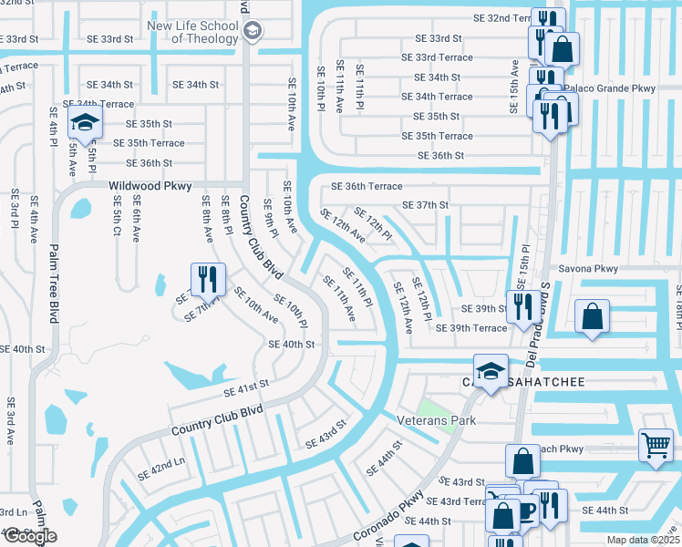 map of restaurants, bars, coffee shops, grocery stores, and more near 3812 Southeast 11th Place in Cape Coral
