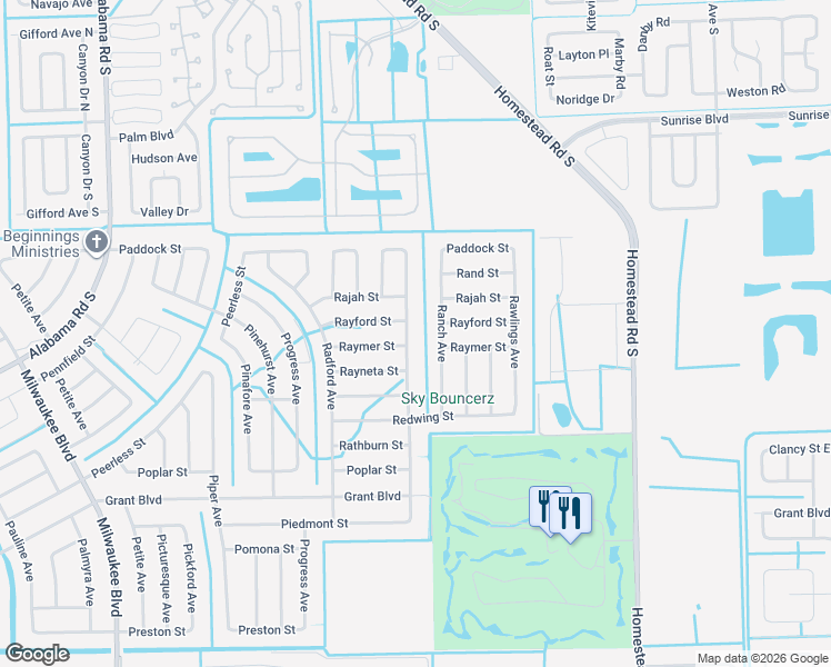 map of restaurants, bars, coffee shops, grocery stores, and more near 450 Rayford Street in Lehigh Acres