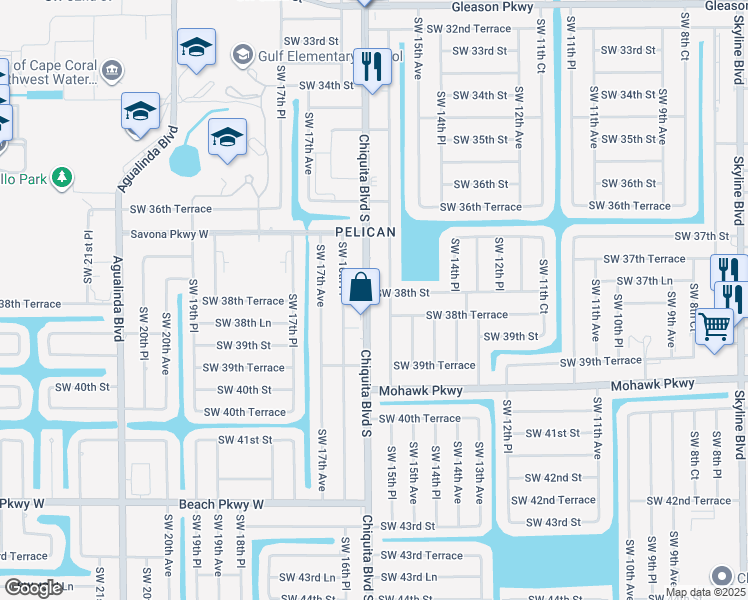 map of restaurants, bars, coffee shops, grocery stores, and more near 3739 Chiquita Boulevard South in Cape Coral