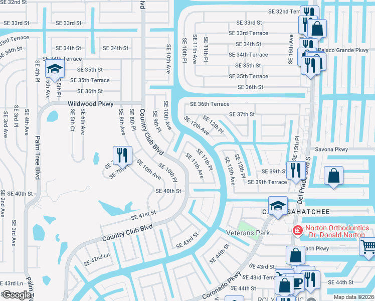 map of restaurants, bars, coffee shops, grocery stores, and more near 3812 Southeast 11th Place in Cape Coral