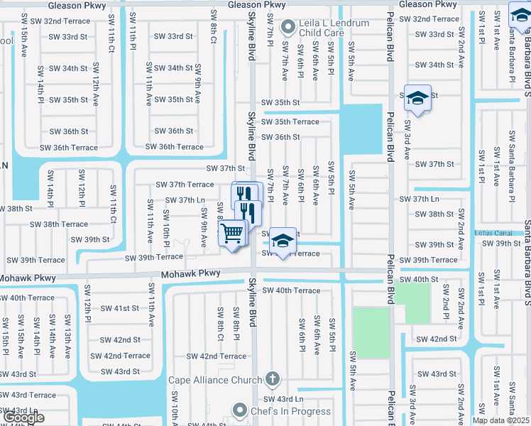 map of restaurants, bars, coffee shops, grocery stores, and more near 3732 Southwest 7th Place in Cape Coral