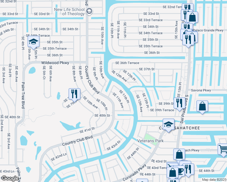 map of restaurants, bars, coffee shops, grocery stores, and more near 3812 Southeast 11th Place in Cape Coral