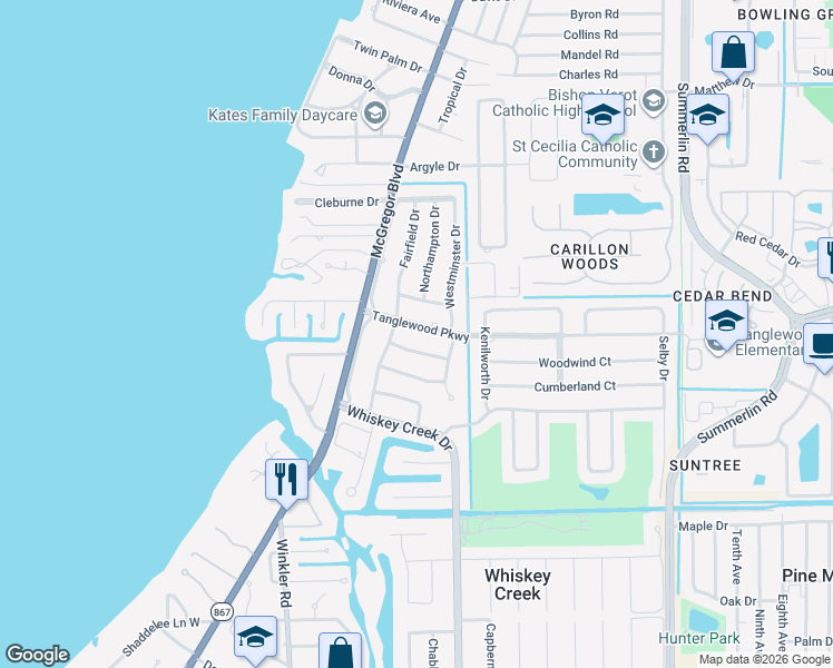 map of restaurants, bars, coffee shops, grocery stores, and more near 1338 Tanglewood Parkway in Fort Myers