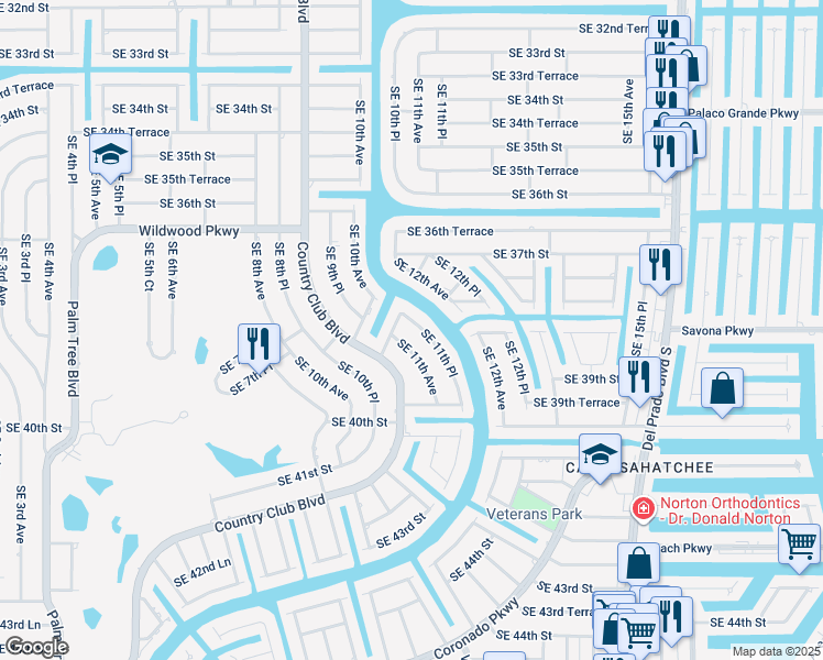 map of restaurants, bars, coffee shops, grocery stores, and more near 3812 Southeast 11th Place in Cape Coral