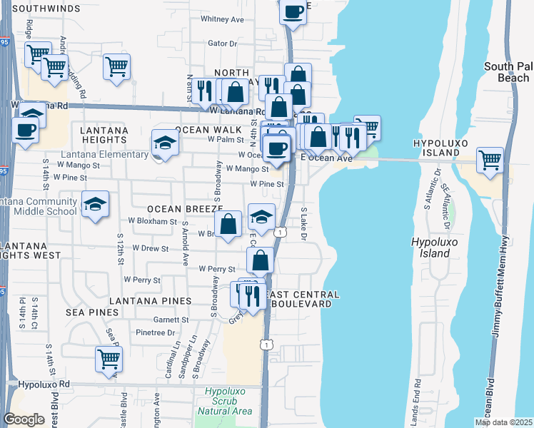 map of restaurants, bars, coffee shops, grocery stores, and more near 320 Wickline Boulevard in Lantana