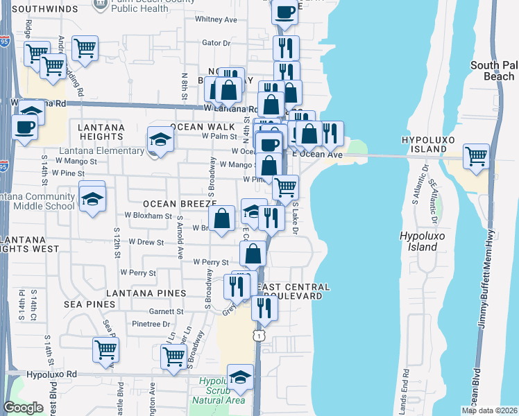 map of restaurants, bars, coffee shops, grocery stores, and more near 320 Wickline Boulevard in Lantana