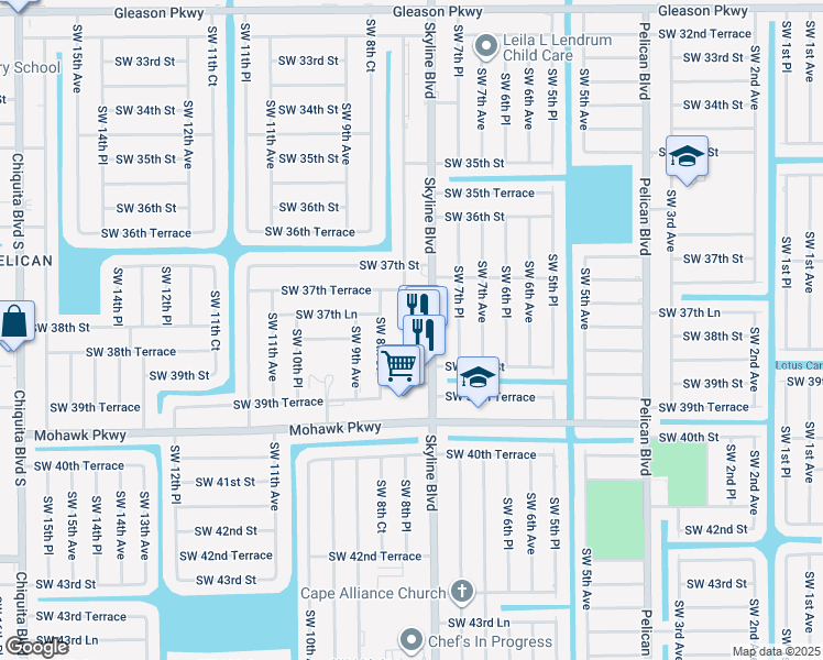map of restaurants, bars, coffee shops, grocery stores, and more near 3803 Southwest 8th Place in Cape Coral