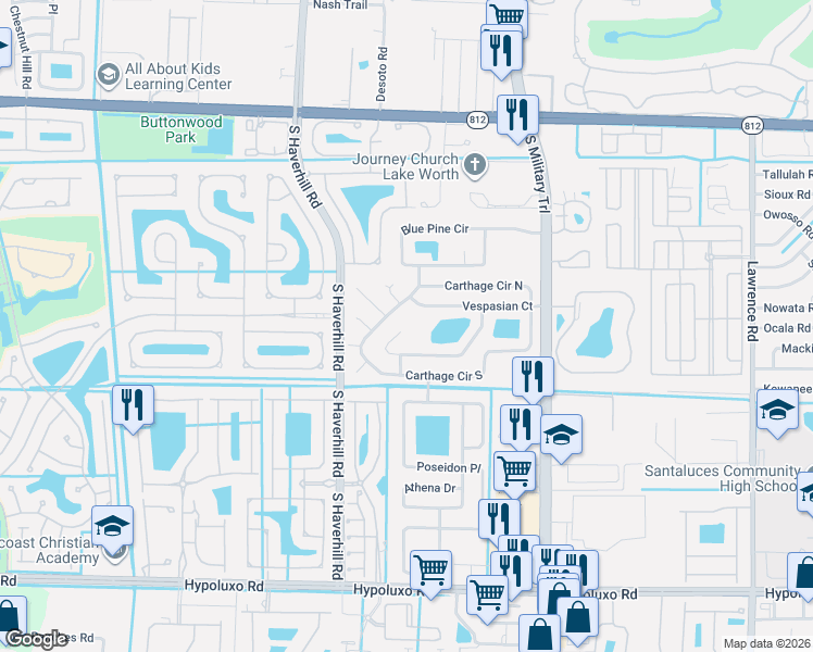 map of restaurants, bars, coffee shops, grocery stores, and more near 6240 Carthage Circle South in Lake Worth
