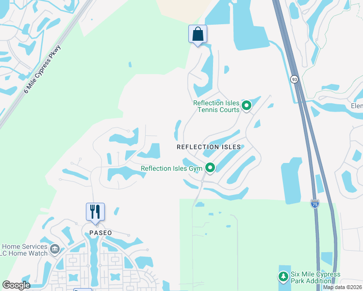 map of restaurants, bars, coffee shops, grocery stores, and more near 9086 Water Tupelo Road in Fort Myers