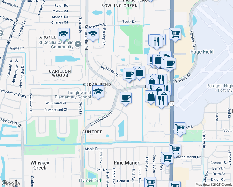 map of restaurants, bars, coffee shops, grocery stores, and more near 5213 Boy Scout Drive in Fort Myers