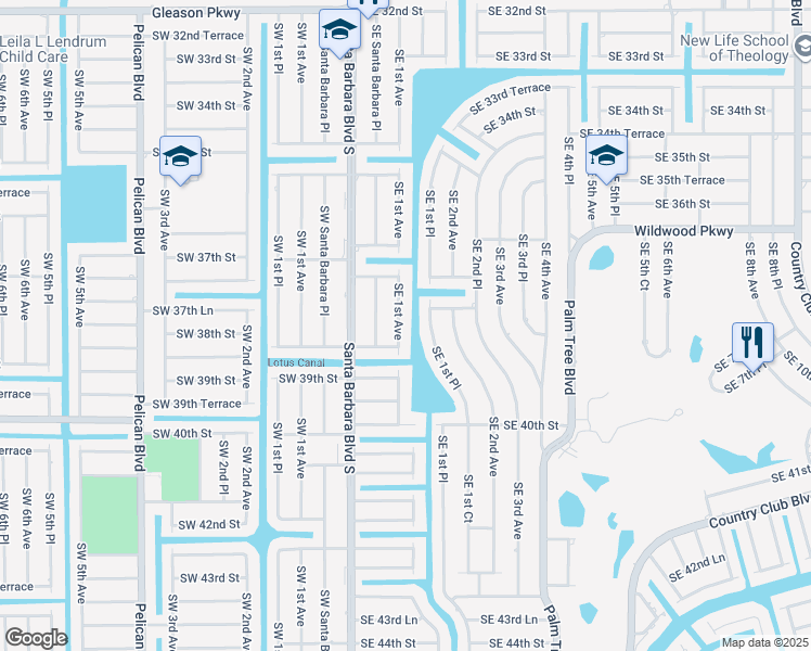 map of restaurants, bars, coffee shops, grocery stores, and more near 3751 Southeast 1st Avenue in Cape Coral