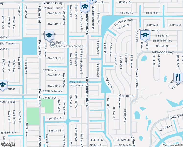 map of restaurants, bars, coffee shops, grocery stores, and more near 3750 Southeast Santa Barbara Place in Cape Coral