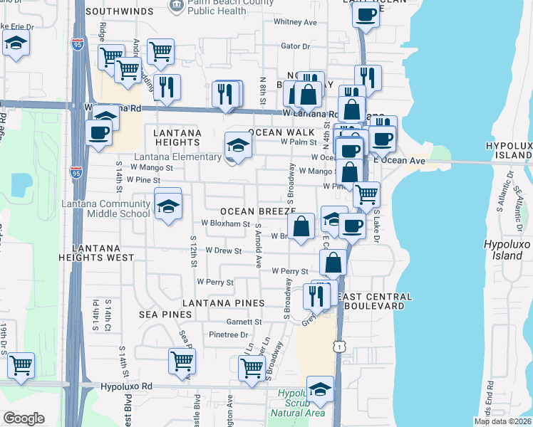 map of restaurants, bars, coffee shops, grocery stores, and more near 707 West Bloxham Street in Lantana