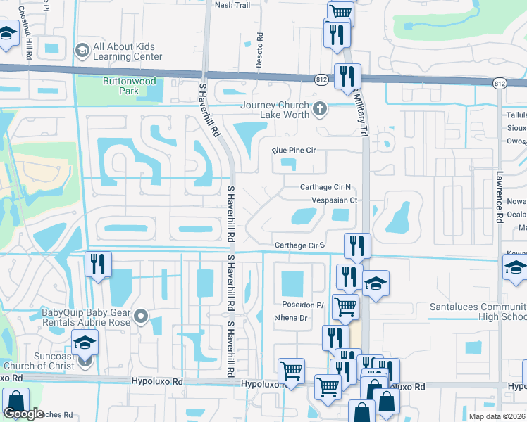 map of restaurants, bars, coffee shops, grocery stores, and more near 6240 Carthage Circle South in Greenacres