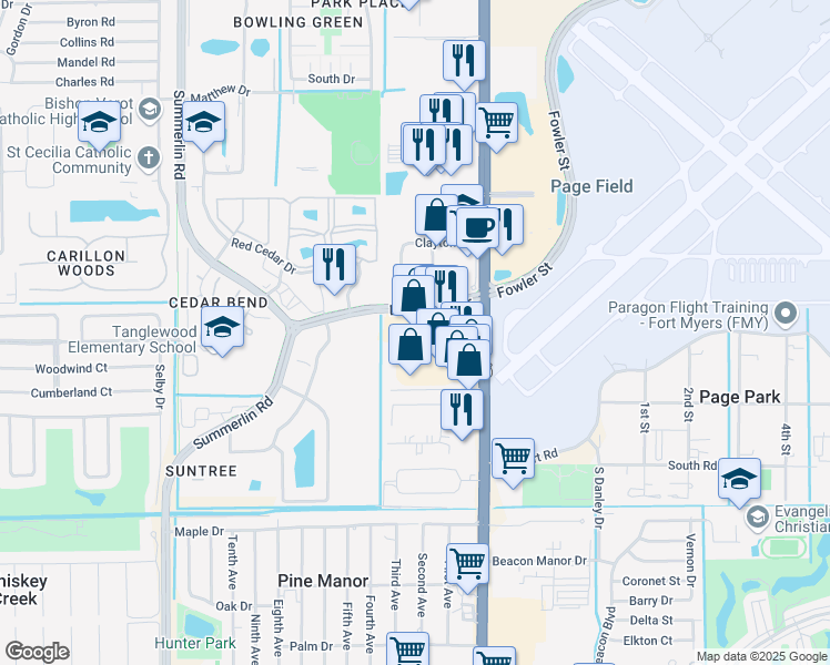 map of restaurants, bars, coffee shops, grocery stores, and more near 1860 Boy Scout Drive in Fort Myers