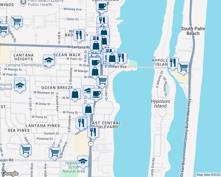 map of restaurants, bars, coffee shops, grocery stores, and more near 205 Silver Sands Lane in Lantana