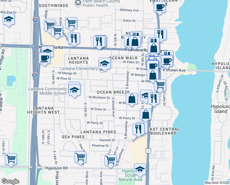 map of restaurants, bars, coffee shops, grocery stores, and more near 707 West Bloxham Street in Lantana