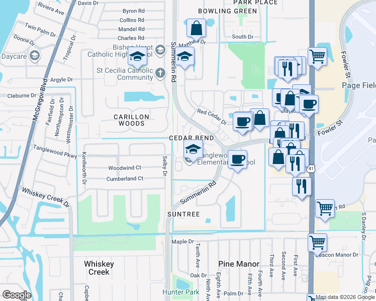 map of restaurants, bars, coffee shops, grocery stores, and more near 5272 Cedarbend Drive in Fort Myers