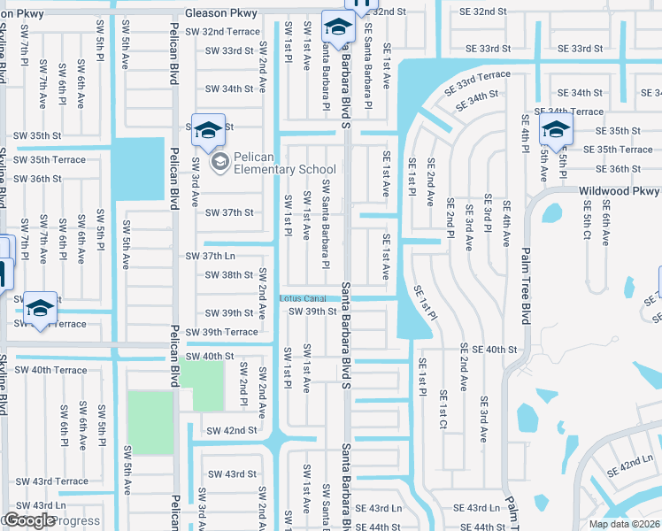 map of restaurants, bars, coffee shops, grocery stores, and more near 3741 Southwest Santa Barbara Place in Cape Coral