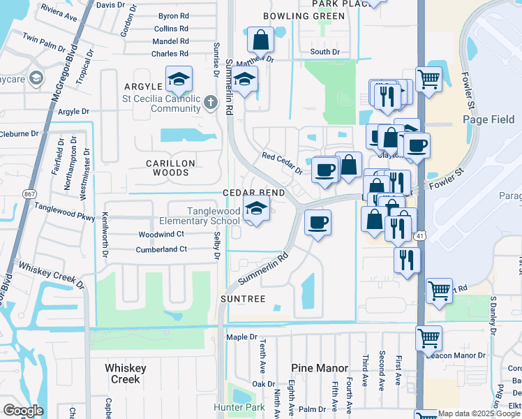 map of restaurants, bars, coffee shops, grocery stores, and more near 5272 Cedarbend Drive in Fort Myers