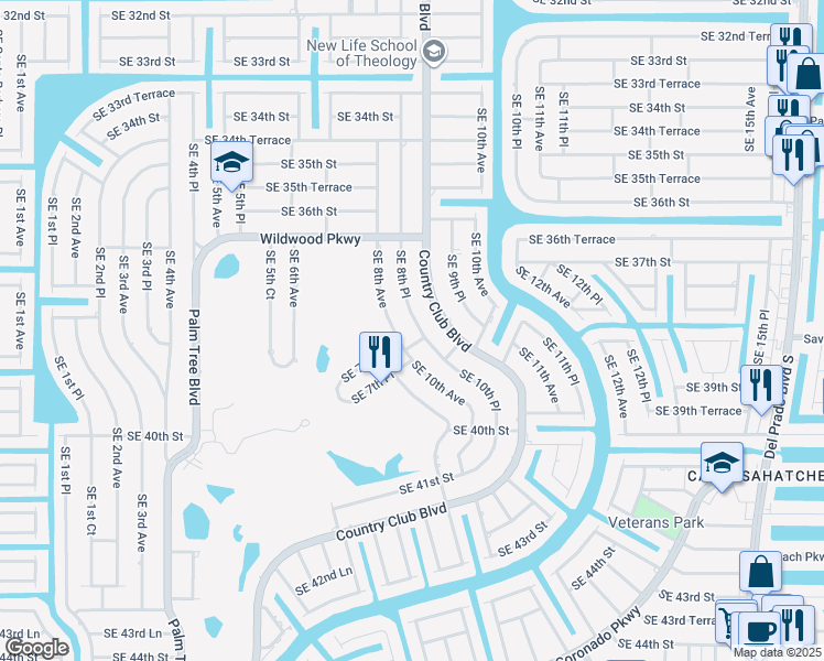 map of restaurants, bars, coffee shops, grocery stores, and more near 3716 Southeast 8th Place in Cape Coral