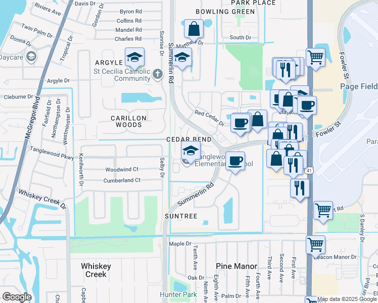 map of restaurants, bars, coffee shops, grocery stores, and more near 5272 Cedarbend Drive in Fort Myers