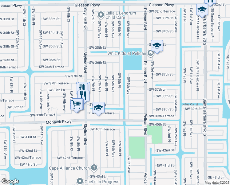 map of restaurants, bars, coffee shops, grocery stores, and more near 3729 Southwest 6th Avenue in Cape Coral