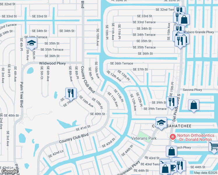 map of restaurants, bars, coffee shops, grocery stores, and more near 3812 Southeast 11th Place in Cape Coral