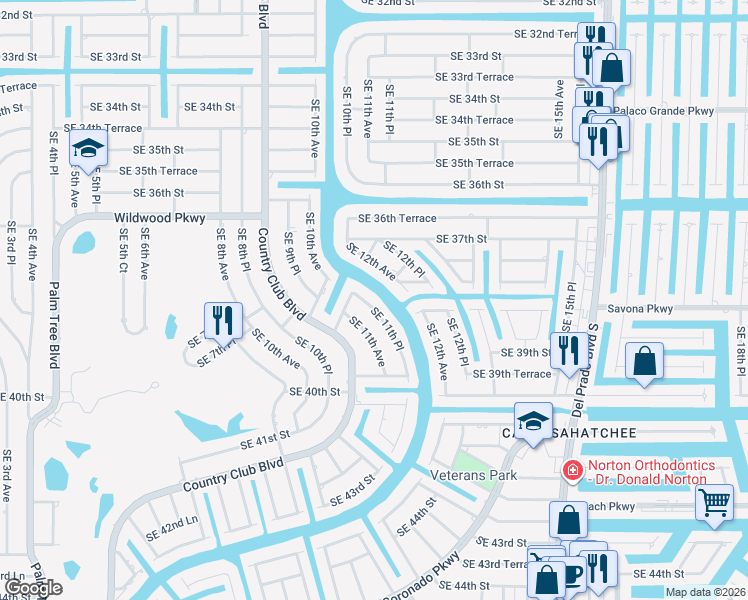 map of restaurants, bars, coffee shops, grocery stores, and more near 3812 Southeast 11th Place in Cape Coral