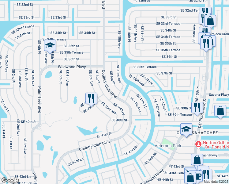 map of restaurants, bars, coffee shops, grocery stores, and more near 3731 Country Club Boulevard in Cape Coral