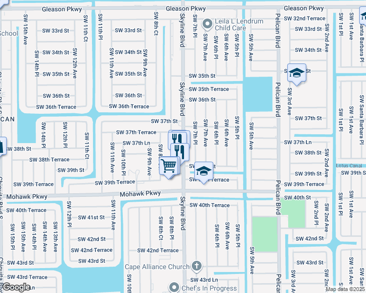 map of restaurants, bars, coffee shops, grocery stores, and more near 3803 Southwest 8th Place in Cape Coral