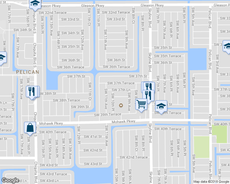 map of restaurants, bars, coffee shops, grocery stores, and more near 934 Southwest 37th Lane in Cape Coral