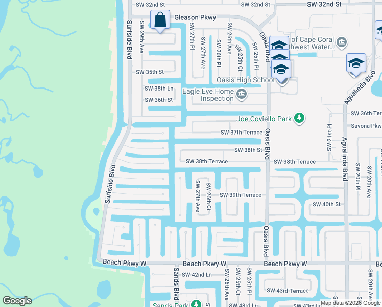 map of restaurants, bars, coffee shops, grocery stores, and more near 2714 Southwest 38th Street in Cape Coral