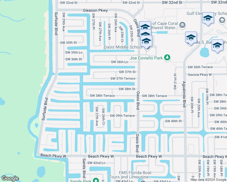 map of restaurants, bars, coffee shops, grocery stores, and more near 2554 Southwest 38th Street in Cape Coral